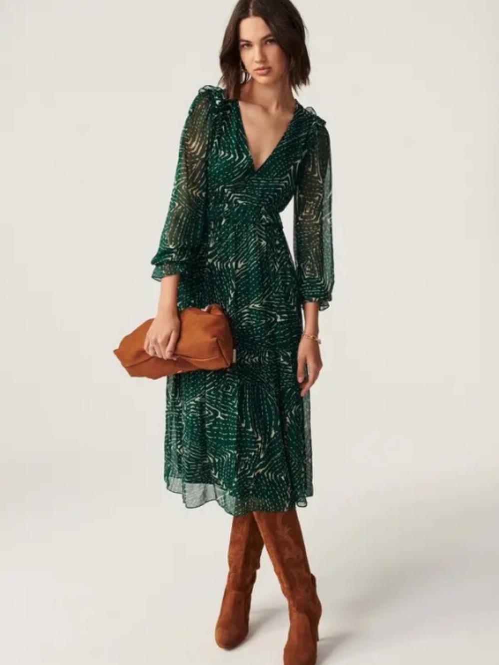 bash Gabriela Abstract Print Ruffle Trim Long Sleeve Midi Dress Size 2‎